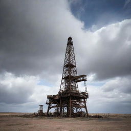 An old and sturdy oil rig, standing lonely under a sky filled with swirling, dusty clouds.