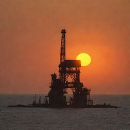 An old oil rig under a dusty sky with an intense orange sun setting on the horizon, casting a warm glow on the scene.