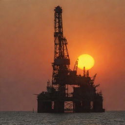 An old oil rig under a dusty sky with an intense orange sun setting on the horizon, casting a warm glow on the scene.