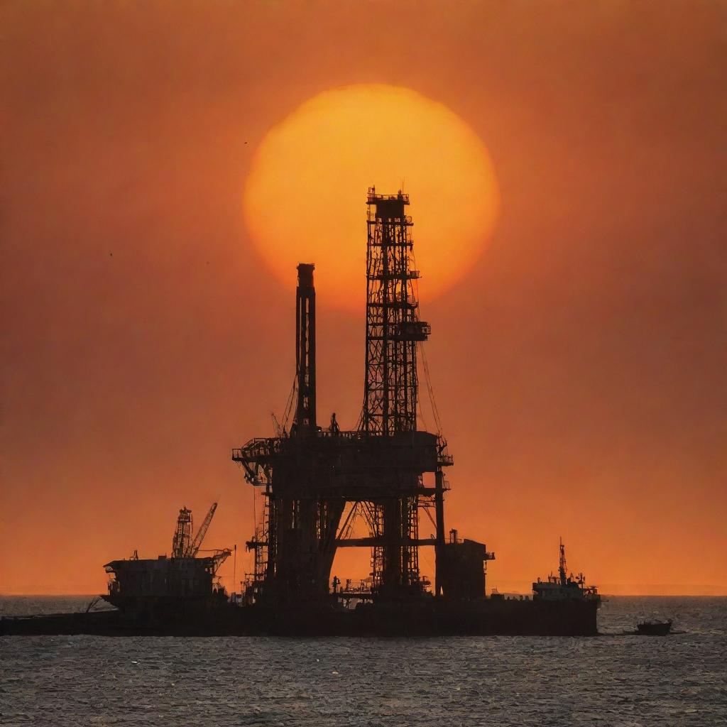 An old oil rig under a dusty sky with an intense orange sun setting on the horizon, casting a warm glow on the scene.