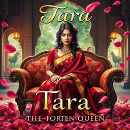 An enchanting book cover titled 'Tara - The Forgotten Queen', featuring the female lead, Tara, elegantly seated on a lavish embroidered sofa surrounded by floating rose petals