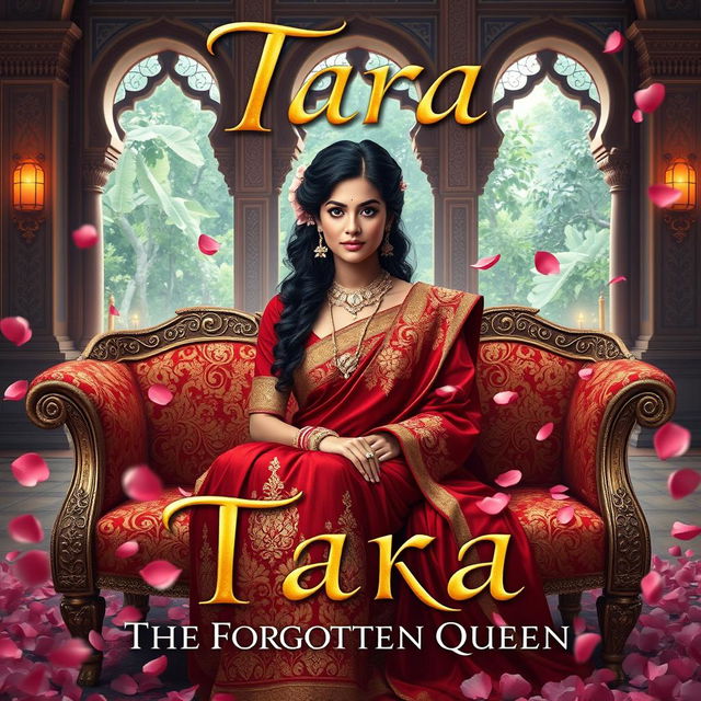 An enchanting book cover titled 'Tara - The Forgotten Queen', featuring the female lead, Tara, elegantly seated on a lavish embroidered sofa surrounded by floating rose petals