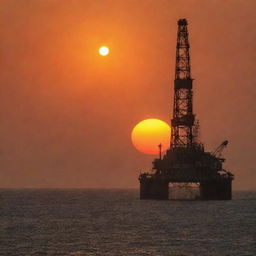 An old oil rig under a dusty sky with an intense orange sun setting on the horizon, casting a warm glow on the scene.