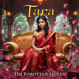 An enchanting book cover titled 'Tara - The Forgotten Queen', featuring the female lead, Tara, elegantly seated on a lavish embroidered sofa surrounded by floating rose petals