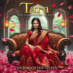 An enchanting book cover titled 'Tara - The Forgotten Queen', featuring the female lead, Tara, elegantly seated on a lavish embroidered sofa surrounded by floating rose petals