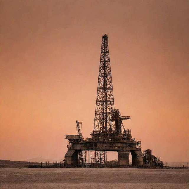 An old oil rig set against a contrasting dusty orange sky, creating an atmospheric image with a hint of nostalgia.