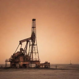 An old oil rig set against a contrasting dusty orange sky, creating an atmospheric image with a hint of nostalgia.