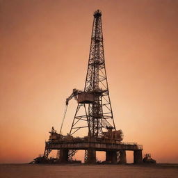 An old oil rig set against a contrasting dusty orange sky, creating an atmospheric image with a hint of nostalgia.