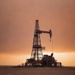 An old oil rig set against a contrasting dusty orange sky, creating an atmospheric image with a hint of nostalgia.