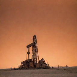 An old oil rig in West Texas under a vast dusty orange sky, creating an iconic image of the rugged Texan landscape.