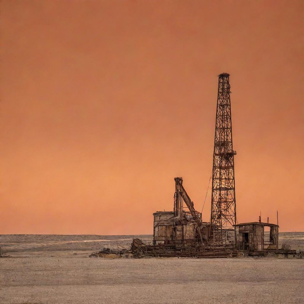 An old oil rig in West Texas under a vast dusty orange sky, creating an iconic image of the rugged Texan landscape.