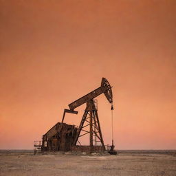 An old oil rig in West Texas under a vast dusty orange sky, creating an iconic image of the rugged Texan landscape.