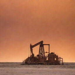 An old oil rig in West Texas under a vast dusty orange sky, creating an iconic image of the rugged Texan landscape.