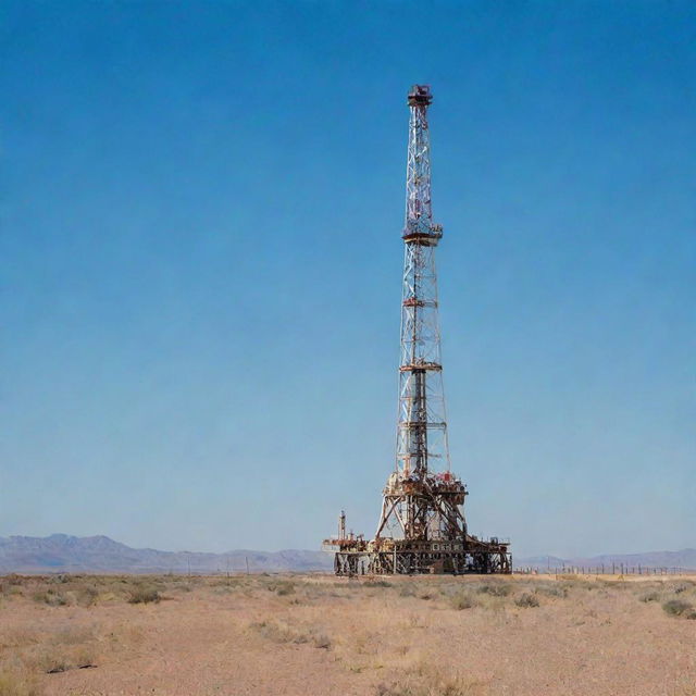 A towering oil rig in the dry, flat landscape of West Texas under a wide blue sky.