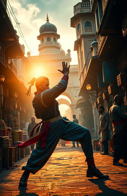A scene depicting a mysterious and thrilling action moment in an Indian setting