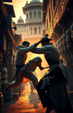 A scene depicting a mysterious and thrilling action moment in an Indian setting