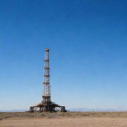 A towering oil rig in the dry, flat landscape of West Texas under a wide blue sky.