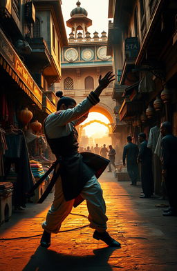 A scene depicting a mysterious and thrilling action moment in an Indian setting