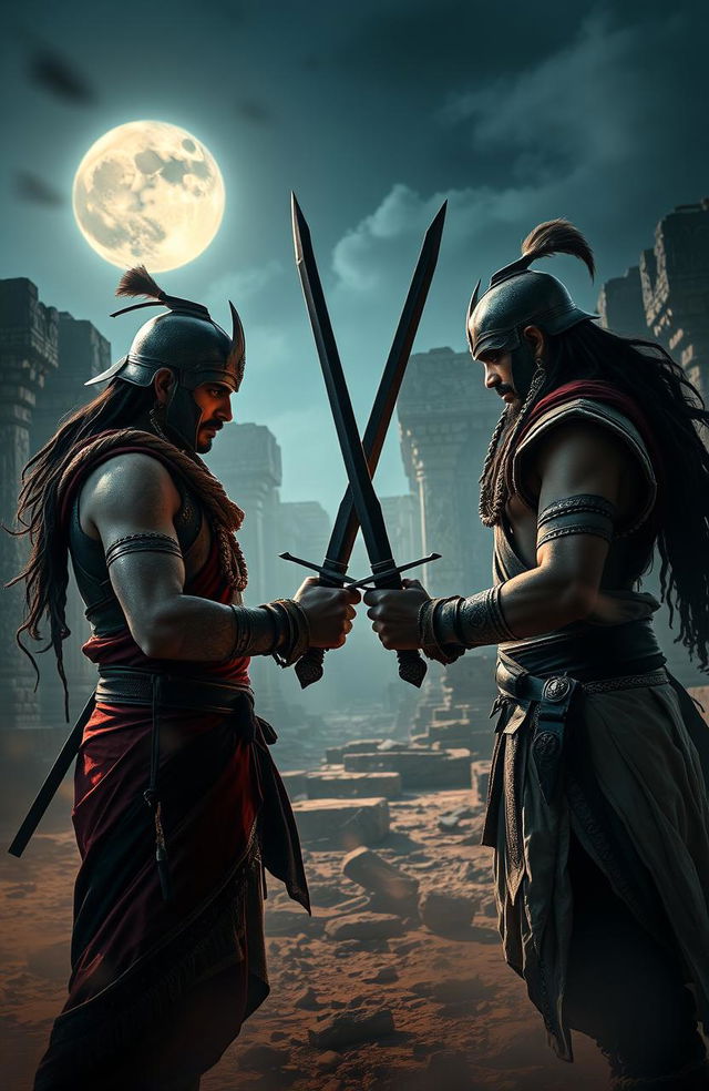 A mysterious and thrilling action scene set in India, featuring two skilled warriors facing each other with drawn swords