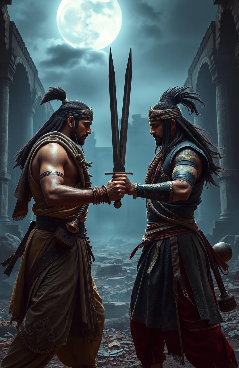 A mysterious and thrilling action scene set in India, featuring two skilled warriors facing each other with drawn swords