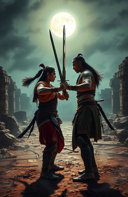 A mysterious and thrilling action scene set in India, featuring two skilled warriors facing each other with drawn swords