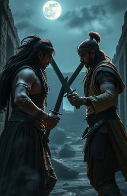 A mysterious and thrilling action scene set in India, featuring two skilled warriors facing each other with drawn swords
