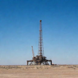 A towering oil rig in the dry, flat landscape of West Texas under a wide blue sky.