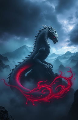 A mystical scene depicting a large, powerful creature resembling a dragon, with scales shimmering like dark ink, coiling around a menacing landscape