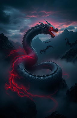 A mystical scene depicting a large, powerful creature resembling a dragon, with scales shimmering like dark ink, coiling around a menacing landscape