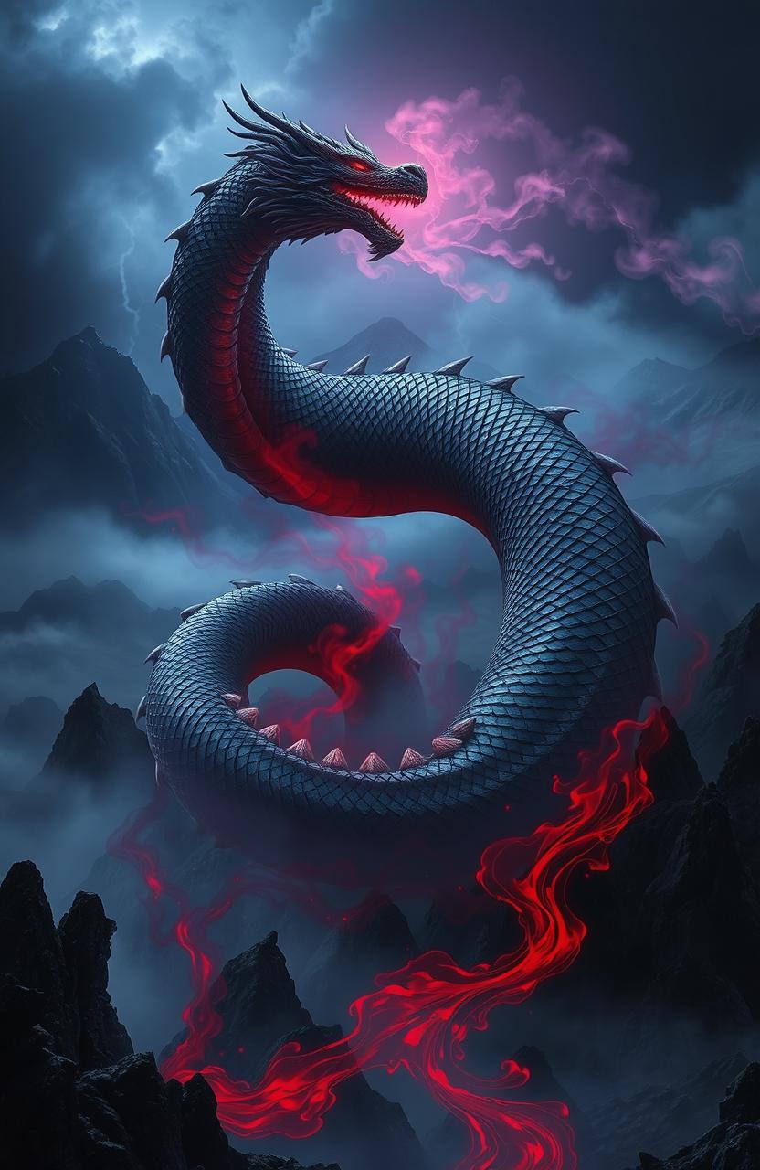 A mystical scene depicting a large, powerful creature resembling a dragon, with scales shimmering like dark ink, coiling around a menacing landscape