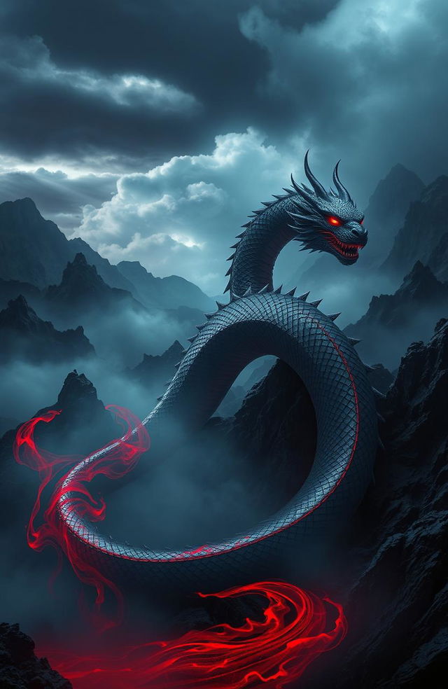 A mystical scene depicting a large, powerful creature resembling a dragon, with scales shimmering like dark ink, coiling around a menacing landscape