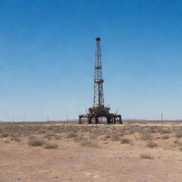 A towering oil rig in the dry, flat landscape of West Texas under a wide blue sky.