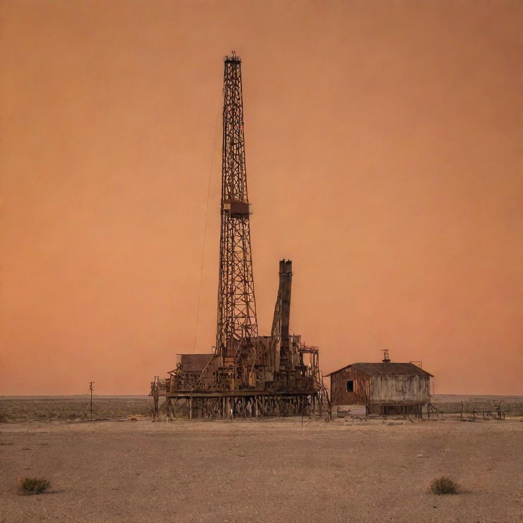 A sturdy oil rig in the heart of West Texas under a large, dusty orange sky, evoking the unique, rugged charm of the region.