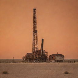 A sturdy oil rig in the heart of West Texas under a large, dusty orange sky, evoking the unique, rugged charm of the region.