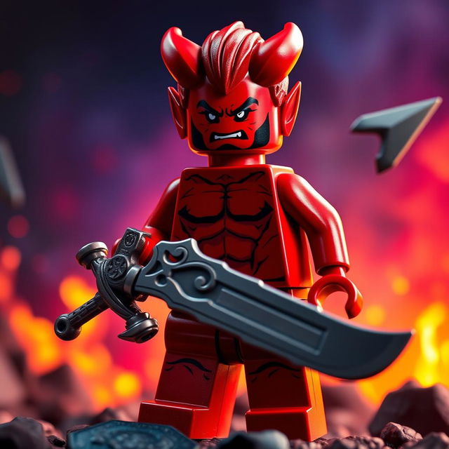 A sexy Lego figure of a demon with red skin and short hair, standing confidently without a shirt, wielding a large sword with intricate details