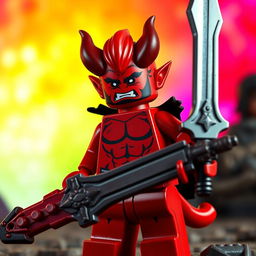 A sexy Lego figure of a demon with red skin and short hair, standing confidently without a shirt, wielding a large sword with intricate details