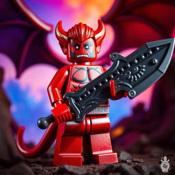 A sexy Lego figure of a demon with red skin and short hair, standing confidently without a shirt, wielding a large sword with intricate details