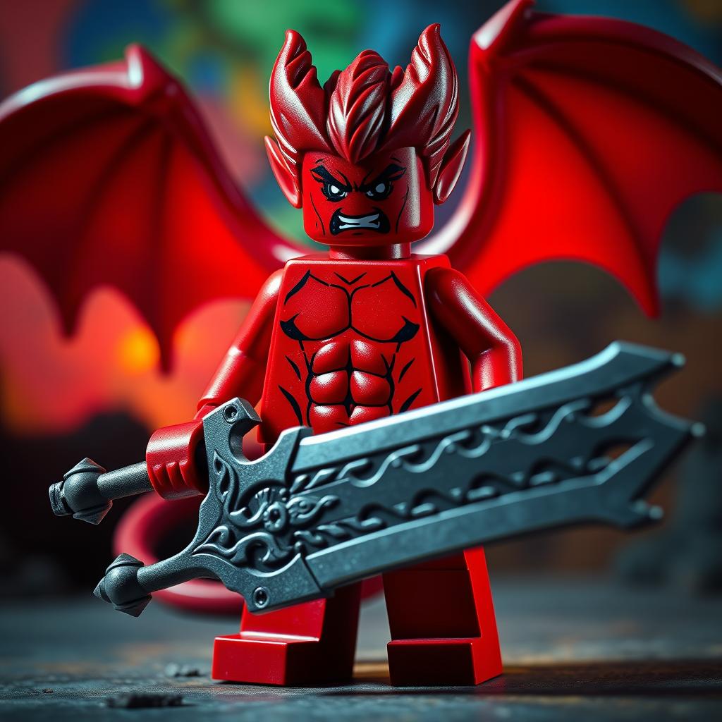 A sexy Lego figure of a demon with red skin and short hair, standing confidently without a shirt, wielding a large sword with intricate details