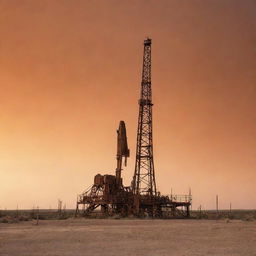 A sturdy oil rig in the heart of West Texas under a large, dusty orange sky, evoking the unique, rugged charm of the region.