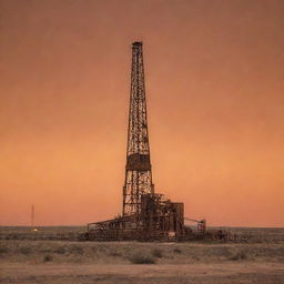 A sturdy oil rig in the heart of West Texas under a large, dusty orange sky, evoking the unique, rugged charm of the region.