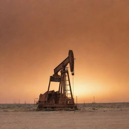 A sturdy oil rig in the heart of West Texas under a large, dusty orange sky, evoking the unique, rugged charm of the region.