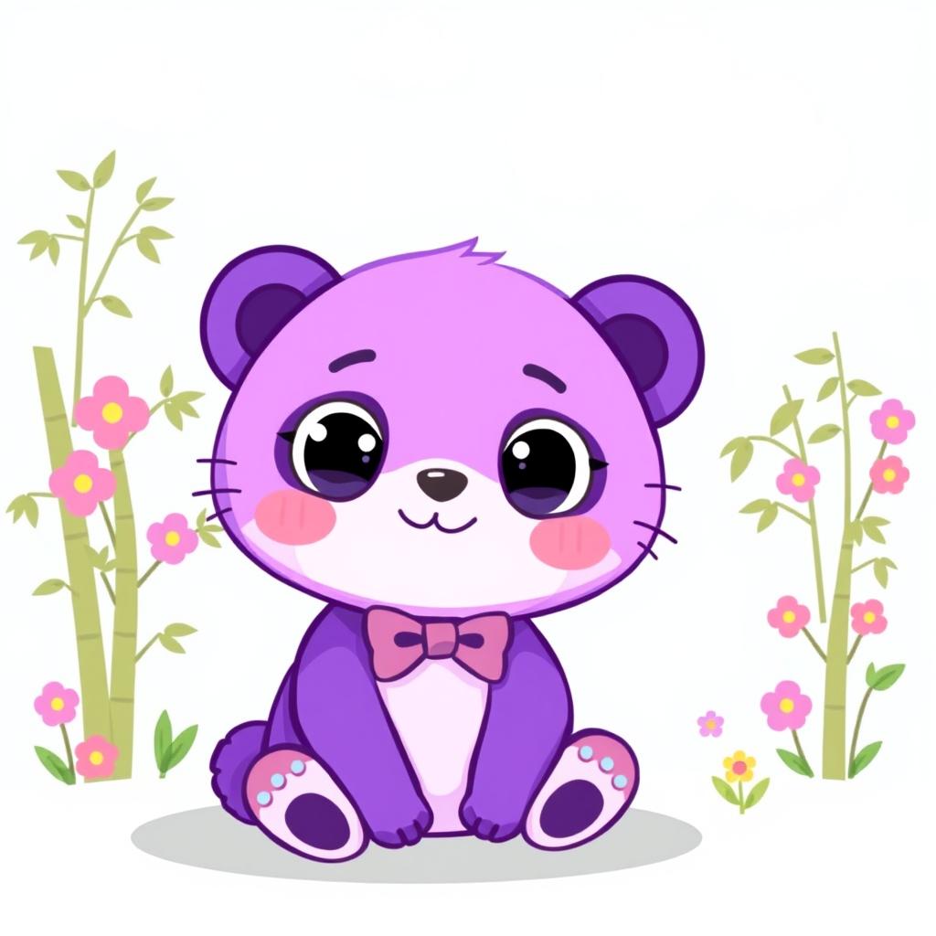 A cute and whimsical illustration of a purple panda with large expressive eyes, resembling Hello Kitty's style