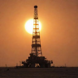 A towering oil rig in West Texas set against a dusty orange sky with a radiant sun simmering on the horizon, emanating an intense, warm glow.