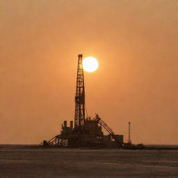 A towering oil rig in West Texas set against a dusty orange sky with a radiant sun simmering on the horizon, emanating an intense, warm glow.