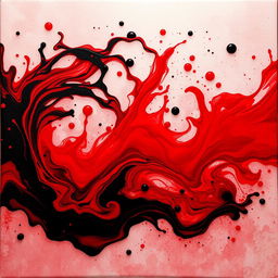 An artistic composition featuring blood-red liquid and swirling black ink blending together on a textured canvas