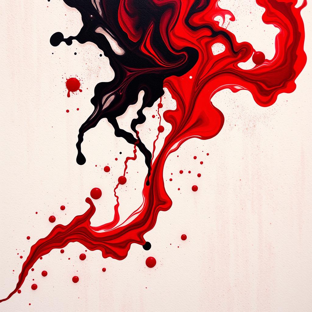 An artistic composition featuring blood-red liquid and swirling black ink blending together on a textured canvas