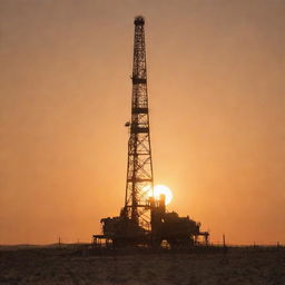 A towering oil rig in West Texas set against a dusty orange sky with a radiant sun simmering on the horizon, emanating an intense, warm glow.