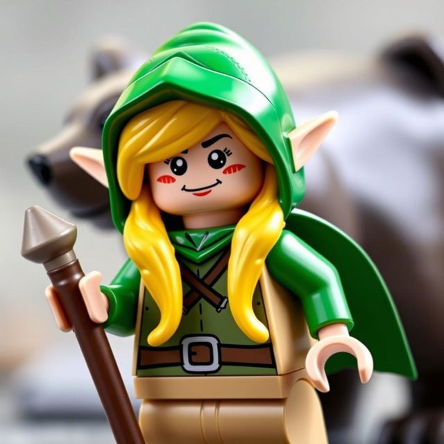 A Lego figure of an elf with blonde hair wearing a green hood, holding a staff, with a bear in the background, colorful and dynamic composition, playful atmosphere