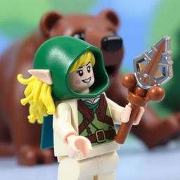 A Lego figure of an elf with blonde hair wearing a green hood, holding a staff, with a bear in the background, colorful and dynamic composition, playful atmosphere