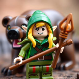 A Lego figure of an elf with blonde hair wearing a green hood, holding a staff, with a bear in the background, colorful and dynamic composition, playful atmosphere